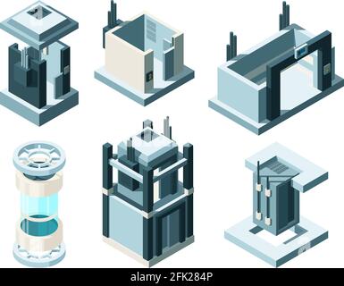 Lift isometric. Steel doors underground entrance elevator cabin interior automatic gate vector collection Stock Vector