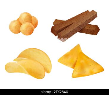 Snacks. Salty crispy junk fast food chips corn cookies vector realistic collection Stock Vector