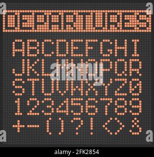 Dotted text. Electronic digital lighting alphabet letters and numbers for airplane monitor vector set Stock Vector