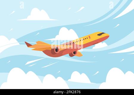 Airplane in sky. Flying civil aircraft transport in clouds vector flat background Stock Vector