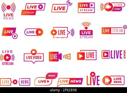 Live stream badges. Video broadcasting shows digital online text templates live news vector stickers collection Stock Vector