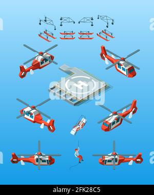 Helipads. Helicopter isometric vector civil aviation set urban transport Stock Vector