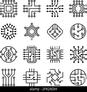 Chip computer. Engineering electronic micro scheme computer system board vector icon set Stock Vector