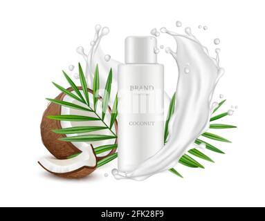 Realistic coconut. Cosmetics bottle, palm leaves and milk splashes. Realistic vector package mockup isolated on white background Stock Vector