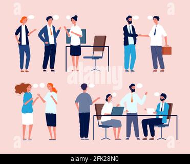 Business situation. Dialog between persons sitting at table in office people meeting vector flat pictures Stock Vector