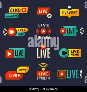 Live stream icon. News or movie broadcasting play tv badges collection vector set Stock Vector