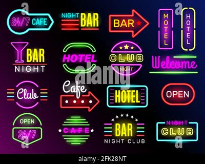 Neon glow hotel. Night advertising retro signboards new york or vegas style vintage frames club banners vector Stock Vector