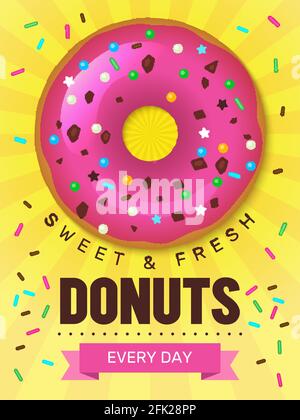 Tasty food poster. Donuts placard design with breakfast colored food bakery products desserts vector template Stock Vector