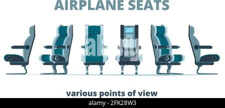 Airplane seat. Aircraft interior armchairs in different side view vector flat pictures Stock Vector