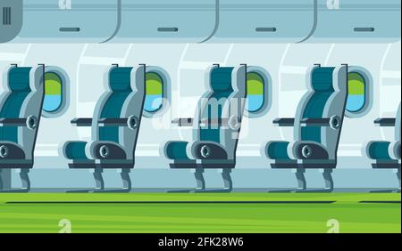 Airplane interior. Transportation cabin seats aircraft salon vector flat illustrations Stock Vector