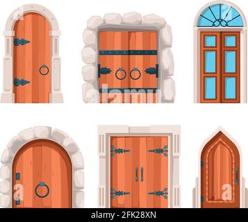 Ancient doors. Wooden stone medieval and old building doors and gates from castles vector designs Stock Vector