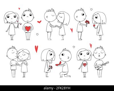 Love couple. Male and female doodle stylized characters romantic walk together valentine day vector concept Stock Vector