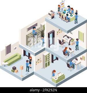 Business office isometric. Corporate building interior and exterior creativity group of freelancers and managers working in cabinets vector Stock Vector