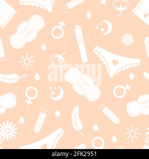 Woman hygiene seamless pattern. Menstruation elements. Pads, pants and tampons, drops and cotton signs. Vector female period background Stock Vector