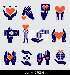 Volunteers icon. Hands hearts donation charity natural symbols of goods vector people volunteers Stock Vector