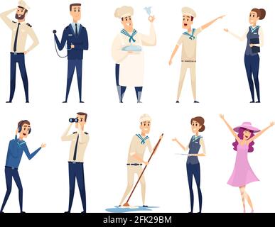 Sea cruise. Sailing captain shipping officer navigating crew ocean travel team vector characters Stock Vector