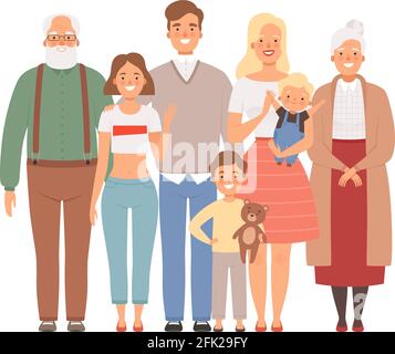 Happy family. Mother father kids and grandparents standing together vector big family portrait Stock Vector