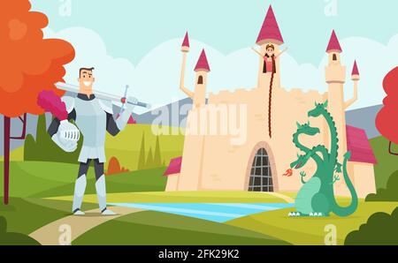 Fairy tale background. Outdoor fantasy landscape with funny magical characters vector cartoon world Stock Vector