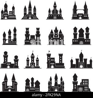 Castle silhouettes. Medieval fortress ancient towers vector flat buildings kingdom Stock Vector