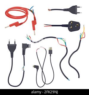 Damaged cord. Electrical cables cut lose signal break plug vector cartoon set Stock Vector