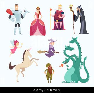 Fairy tales heroes. Witch wizard princess dragon funny characters in cartoon style vector set Stock Vector