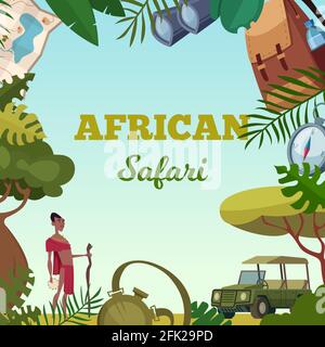 Safari frame. African tour travel concept for adventure brochure background jungle wild animals cars and various items Stock Vector