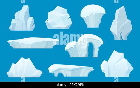 Iceberg cartoon. Antarctic ice white rocks winter landscape snow vector set Stock Vector