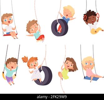 Swing rides. Gymnastic exercise of childrens on rope amusement attraction happy kids vector set Stock Vector