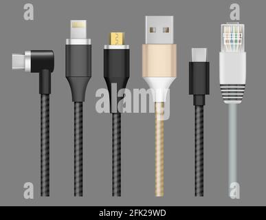 Connector realistic. Cable plug for devices charging and connection mobile wire lightning usb type-c vector set Stock Vector