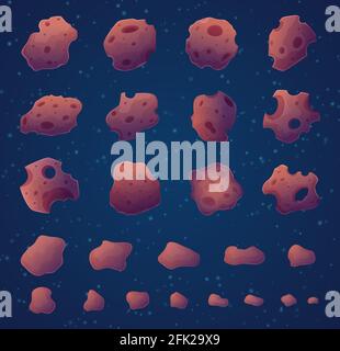 Asteroids. Space rocks stars and fantasy planets vector asteroids collection burning stones Stock Vector