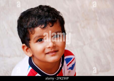 three year age indian baby boy in close up with background Stock Photo
