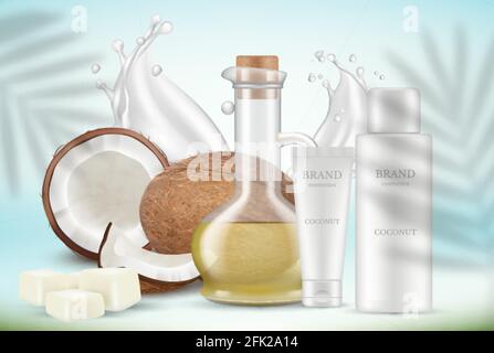 Coconut cosmetics. Oil, cream tubes and palm leaves. Plants overlay shadow effect. Realistic advertising or promotion vector background Stock Vector