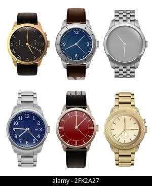Wristwatches. Realistic luxury silver and golden men watches with modern steel bracelets fashion vector collection Stock Vector