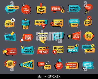 News announcements badges. Price down sales shop discount megaphone symbols vector promo set Stock Vector