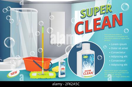 Cleaning agent. Advertizing placard power cleaning spray for surface shower room sanitation dust equipment vector realistic background Stock Vector