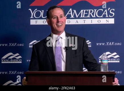 April 27 2021, Reston, Virginia, USA - Former Pennsylvania senator RICK SANTORUM, currently employed as a CNN political pundit, is being assailed for his speech to the right wing student group, Young America's Foundation. Santorum claimed that the United States was built on ''a blank slate. We birthed a nation from nothing. I mean, there was nothing here. I mean, yes, we have Native Americans, but candidly there isn't much Native American culture in American culture.'' FILE PHOTO: April 23, 2021, Reston, Virginia, USA - RICK SANTORUM speaks to the Young America's Foundation's ''Standi Stock Photo