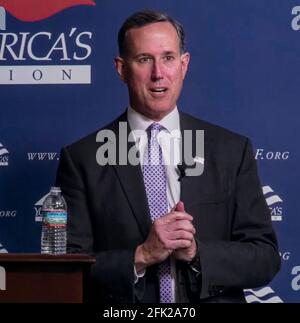 April 27 2021, Reston, Virginia, USA - Former Pennsylvania senator RICK SANTORUM, currently employed as a CNN political pundit, is being assailed for his speech to the right wing student group, Young America's Foundation. Santorum claimed that the United States was built on ''a blank slate. We birthed a nation from nothing. I mean, there was nothing here. I mean, yes, we have Native Americans, but candidly there isn't much Native American culture in American culture.'' FILE PHOTO: April 23, 2021, Reston, Virginia, USA - RICK SANTORUM speaks to the Young America's Foundation's ''Standi Stock Photo