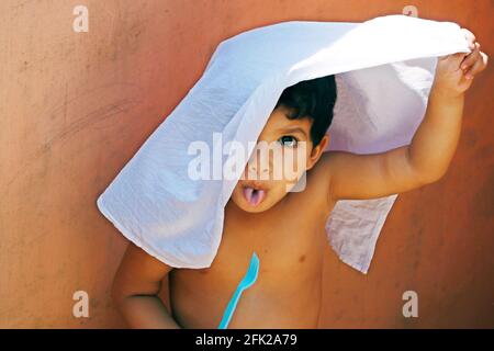 three year age indian baby boy with funny face Stock Photo
