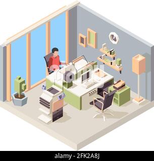 Working place isometric. People businessman sitting on chair working table laptop monitor in office vecto Stock Vector