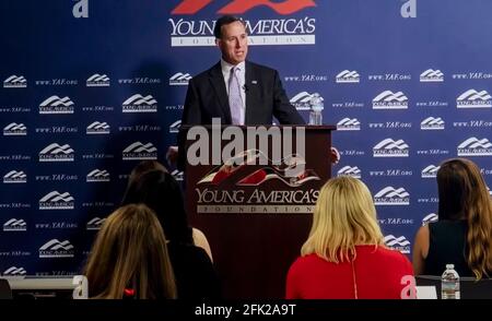 April 27 2021, Reston, Virginia, USA - Former Pennsylvania senator RICK SANTORUM, currently employed as a CNN political pundit, is being assailed for his speech to the right wing student group, Young America's Foundation. Santorum claimed that the United States was built on ''a blank slate. We birthed a nation from nothing. I mean, there was nothing here. I mean, yes, we have Native Americans, but candidly there isn't much Native American culture in American culture.'' FILE PHOTO: April 23, 2021, Reston, Virginia, USA - RICK SANTORUM speaks to the Young America's Foundation's ''Standi Stock Photo