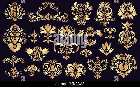 Antique damask ornaments. Golden baroque rococo decorative floral elements isolated vector illustration set. Damask vintage decor patterns Stock Vector