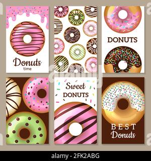 Donuts cards design. Sweets colored backgrounds with glazed round cakes food textured templates vector Stock Vector