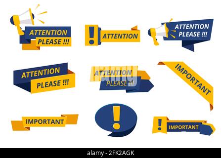 Attention badges. Important messages notice banners caution announcement graphics dangers vector Stock Vector