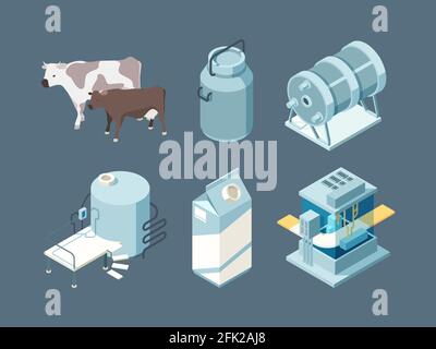 Dairy food. Milk farm products production ice cream cheese yogurt vector isometric set Stock Vector