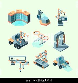 Industry isometric. Smart machinery robotic remote control production processes electronic equipment intellegence tools vector pictures Stock Vector