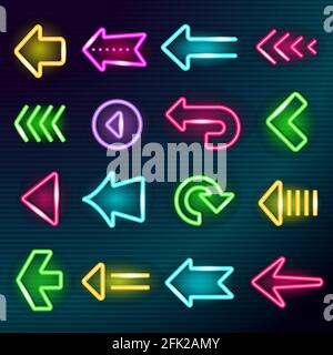 Neon arrows. Glow lighting direction hotel arrow signs night outside shining advertizing elements vector bright collection set Stock Vector