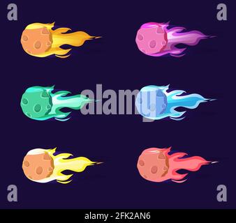 Asteroid flame. Colored space objects fireball meteor cartoon collection set Stock Vector