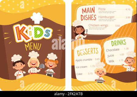 Kids menu. Childrens cooking food little chef restaurant eating menu for little happy peoples vector cartoon template Stock Vector