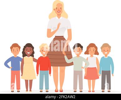 Teacher with kids. Group of young pupils standing in school with their young teacher vector education concept Stock Vector