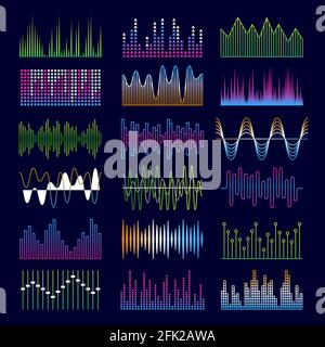 Sound waves. Music symbols equalizer shapes signal voicepulse vector templates Stock Vector